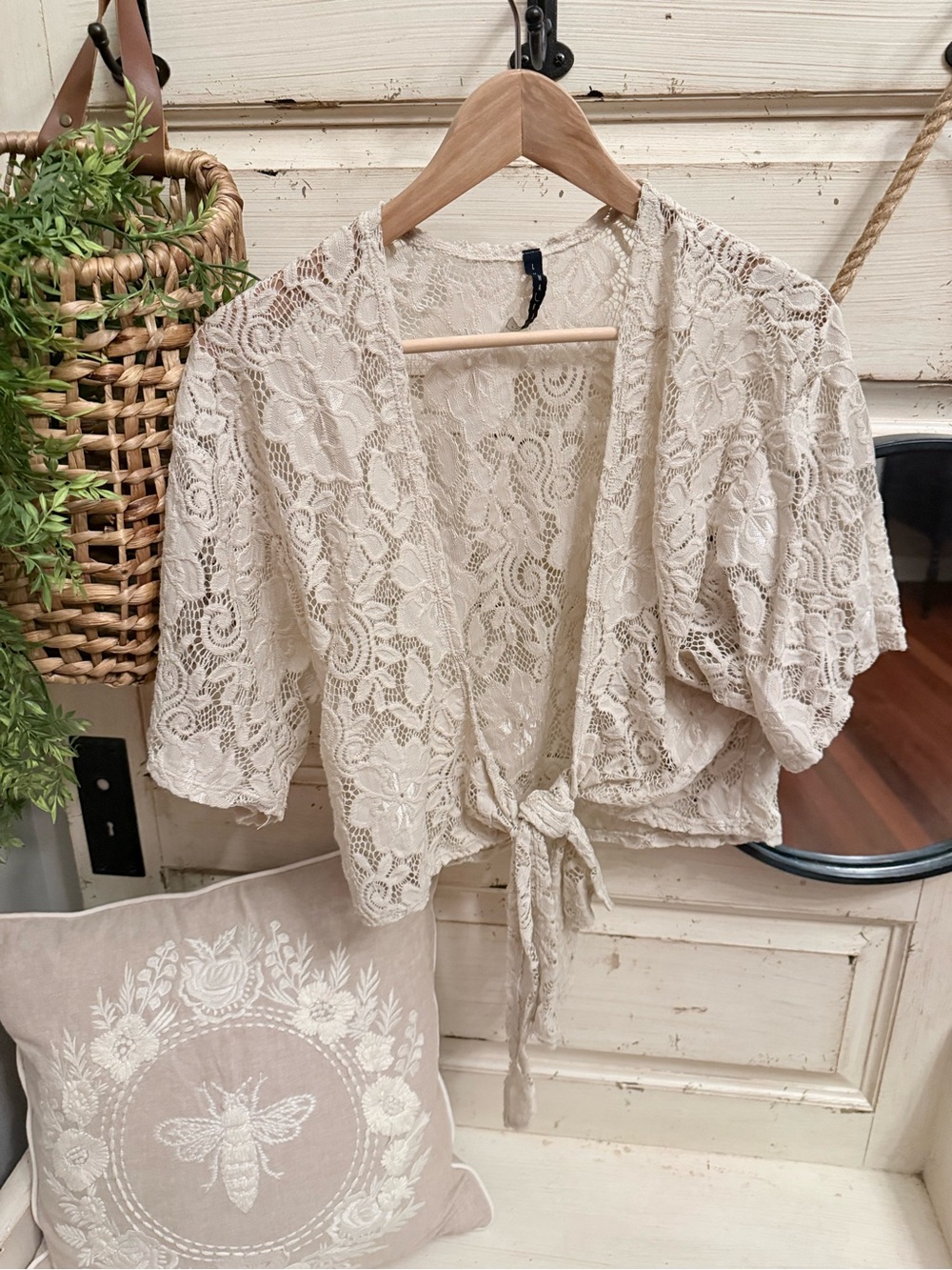 Delicate Lace Tie-Front Shrug — Cream